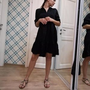 NEW ZARA Black Satin Flowy Ruffled Hem Mini Shirt Dress Size M